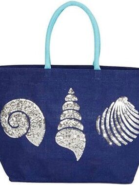 Navy Blue Canvas Tote Seashell, Turq Handles and Zipper Bag
